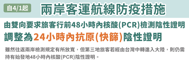 兩岸客運航線防疫措施調整為24小時內抗原（快篩）陰性證明