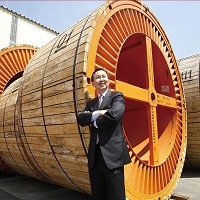 大亞董事長沈尚弘站在自家電線電纜產品前。